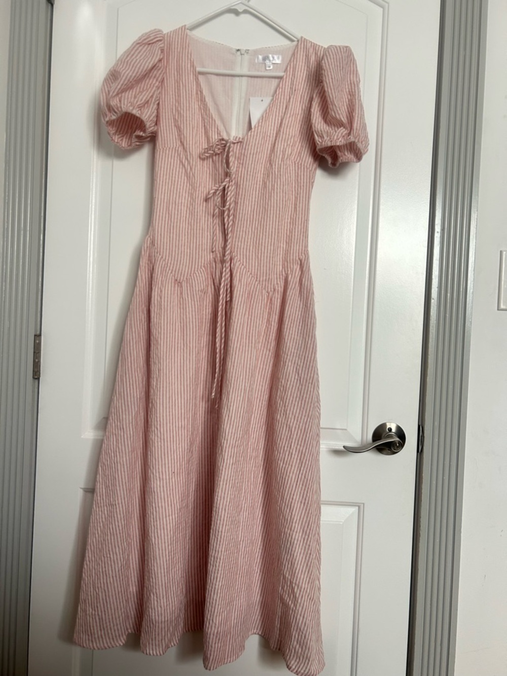 Henly Striped Puff-Sleeve Bow Midi Dress Size Xs Nwt Cottagecore Prairie Boho — image 2 of 8